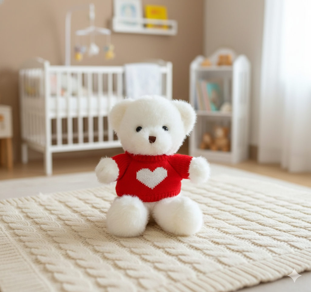 Adorable Baby Gift Set: Heart Sweater, 3 Knitted Headbands & Cuddly Bear Toy
