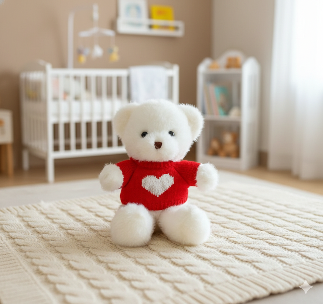 Adorable Baby Gift Set: Heart Sweater, 3 Knitted Headbands & Cuddly Bear Toy