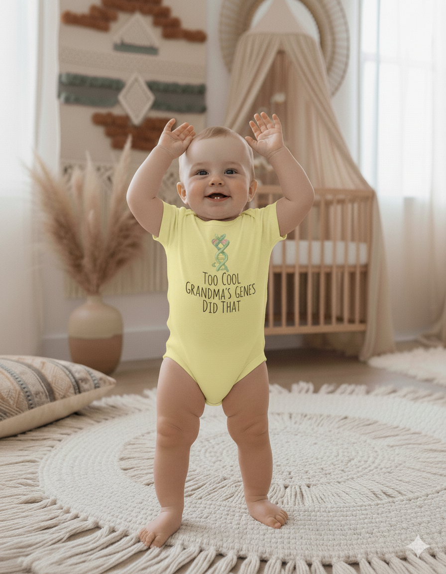 “Too Cool — Grandma’s Genes Did That | Funny Baby Onesie | Cute Grandson Bodysuit | Grandma Gift | Baby Shower Outfit”