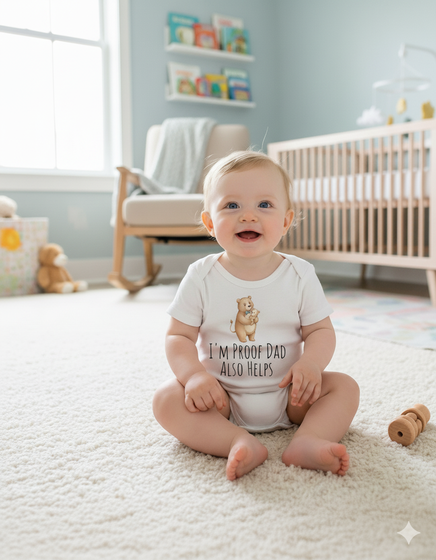 Cute Bear Dad & Son Organic Cotton Baby Bodysuit | Funny I'm Proof Dad Also Help