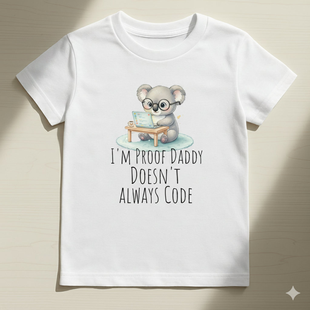 I’m Proof Daddy Doesn’t Always Code t-shirt–Funny Tech Baby Shower Gift from Dad