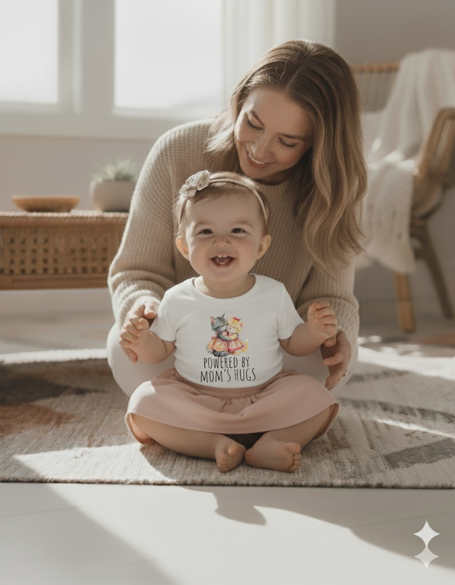 Powered by Mom’s Hugs – Cute Baby Jersey T-Shirt boy or girl baby shower gift