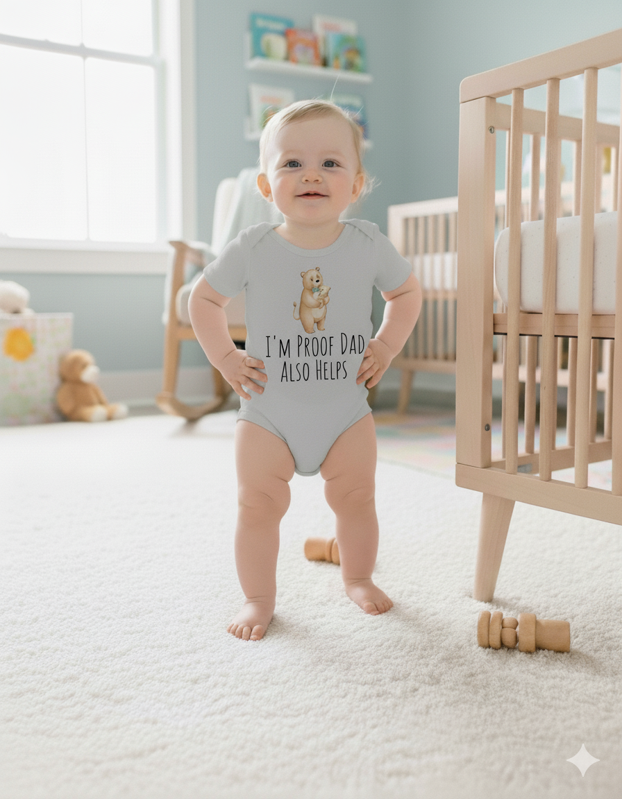 Cute Bear Dad & Son Organic Cotton Baby Bodysuit | Funny I'm Proof Dad Also Help