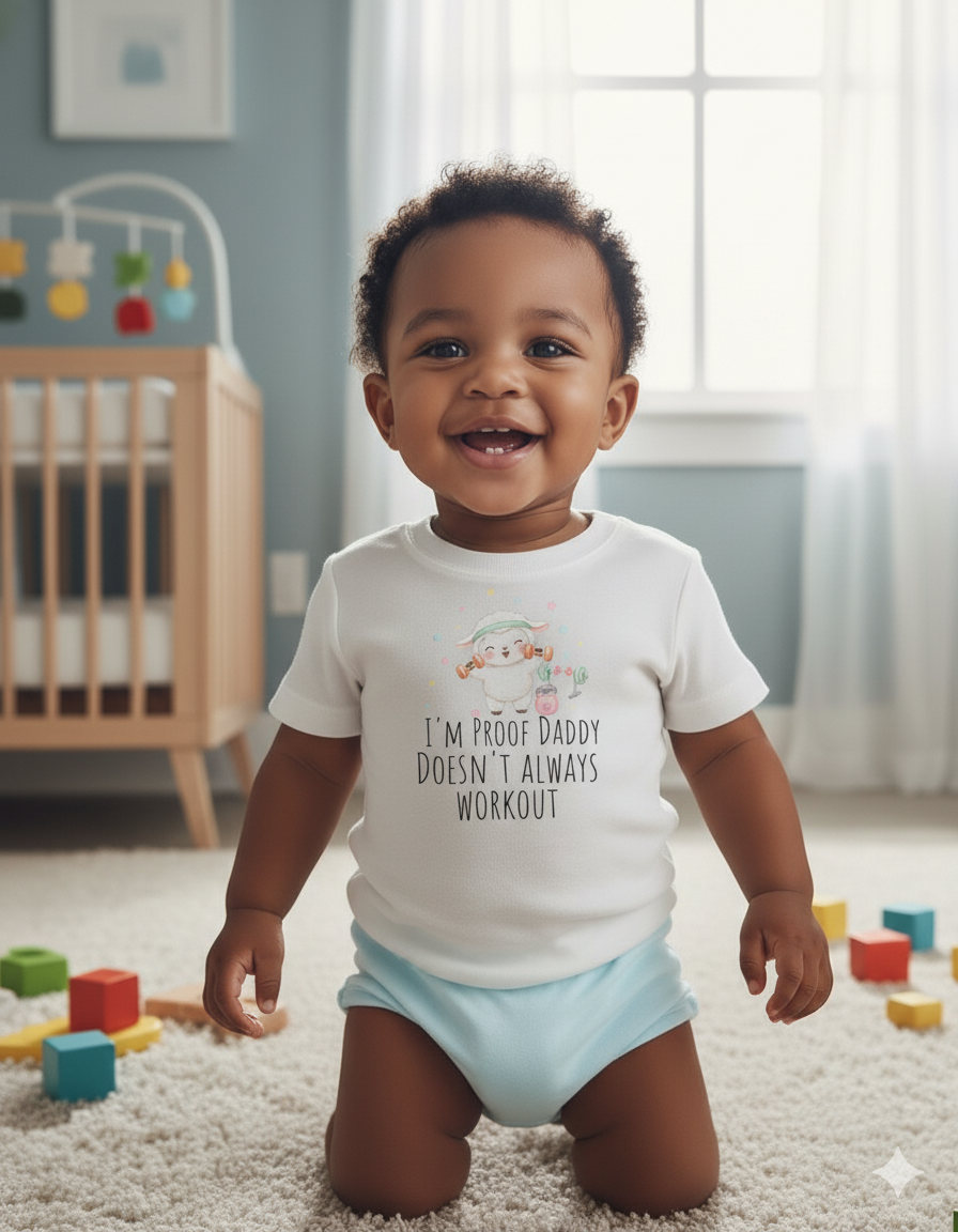 I’m Proof Daddy Doesn’t Always Work Out t-shirt– Funny Baby Shower Gift from Dad