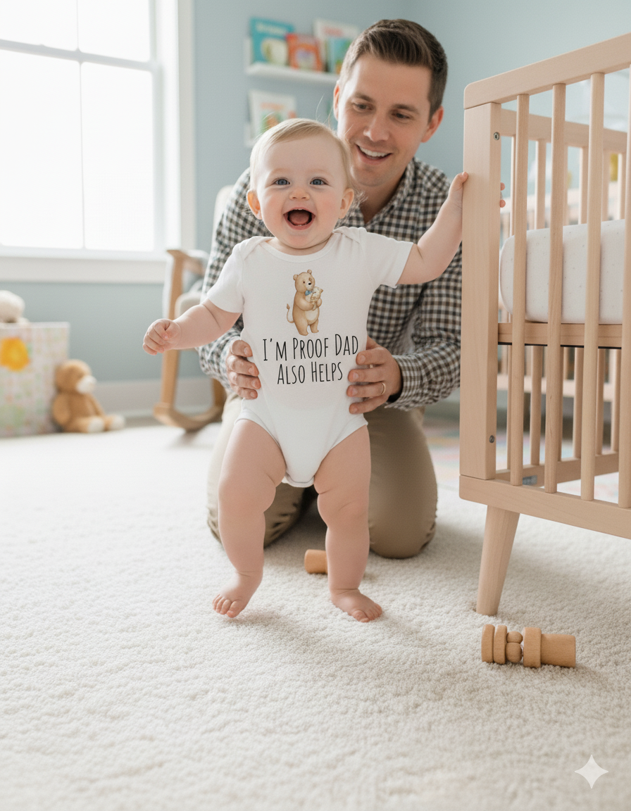 Cute Bear Dad & Son Organic Cotton Baby Bodysuit | Funny I'm Proof Dad Also Help