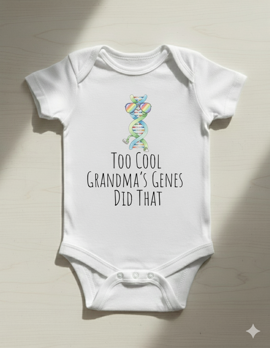 “Too Cool — Grandma’s Genes Did That | Funny Baby Onesie | Cute Grandson Bodysuit | Grandma Gift | Baby Shower Outfit”