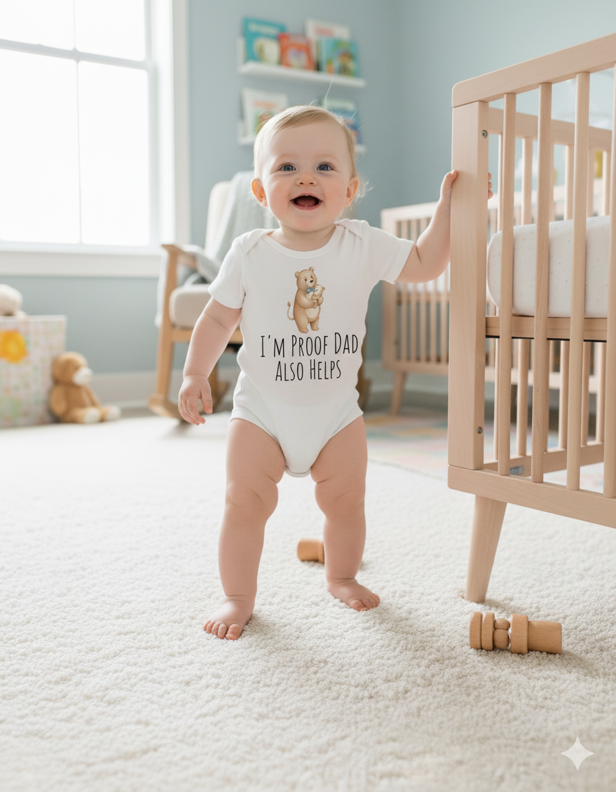 Cute Bear Dad & Son Organic Cotton Baby Bodysuit | Funny I'm Proof Dad Also Help