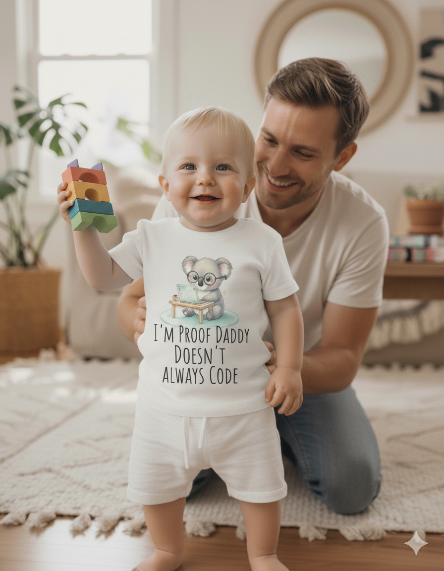 I’m Proof Daddy Doesn’t Always Code t-shirt–Funny Tech Baby Shower Gift from Dad