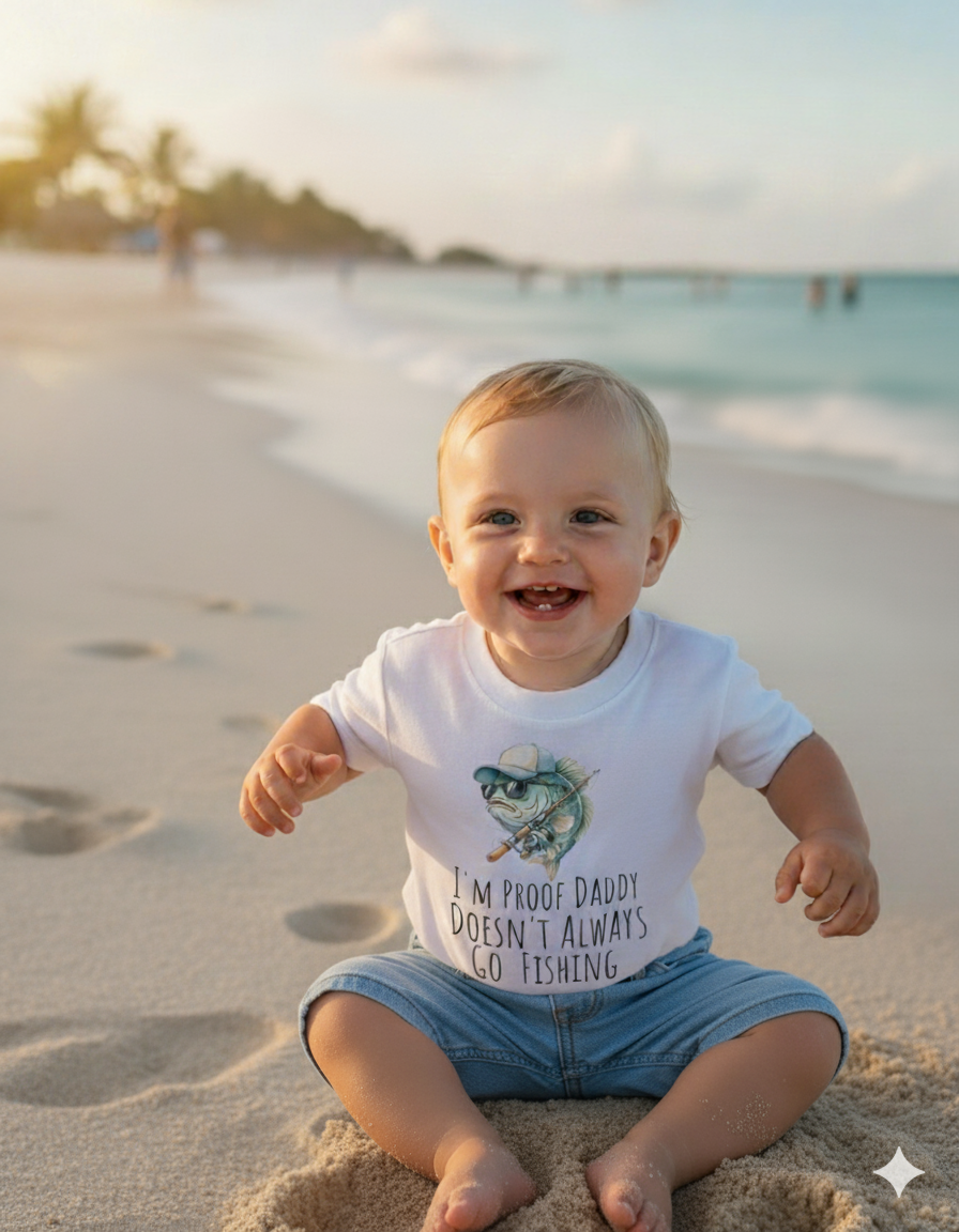 I’m Proof Daddy Doesn’t Always Go FishingT-shirt  – Funny Baby Shower Dad gift