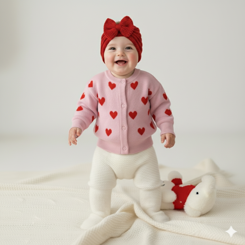 Adorable Baby Gift Set: Heart Sweater, 3 Knitted Headbands & Cuddly Bear Toy