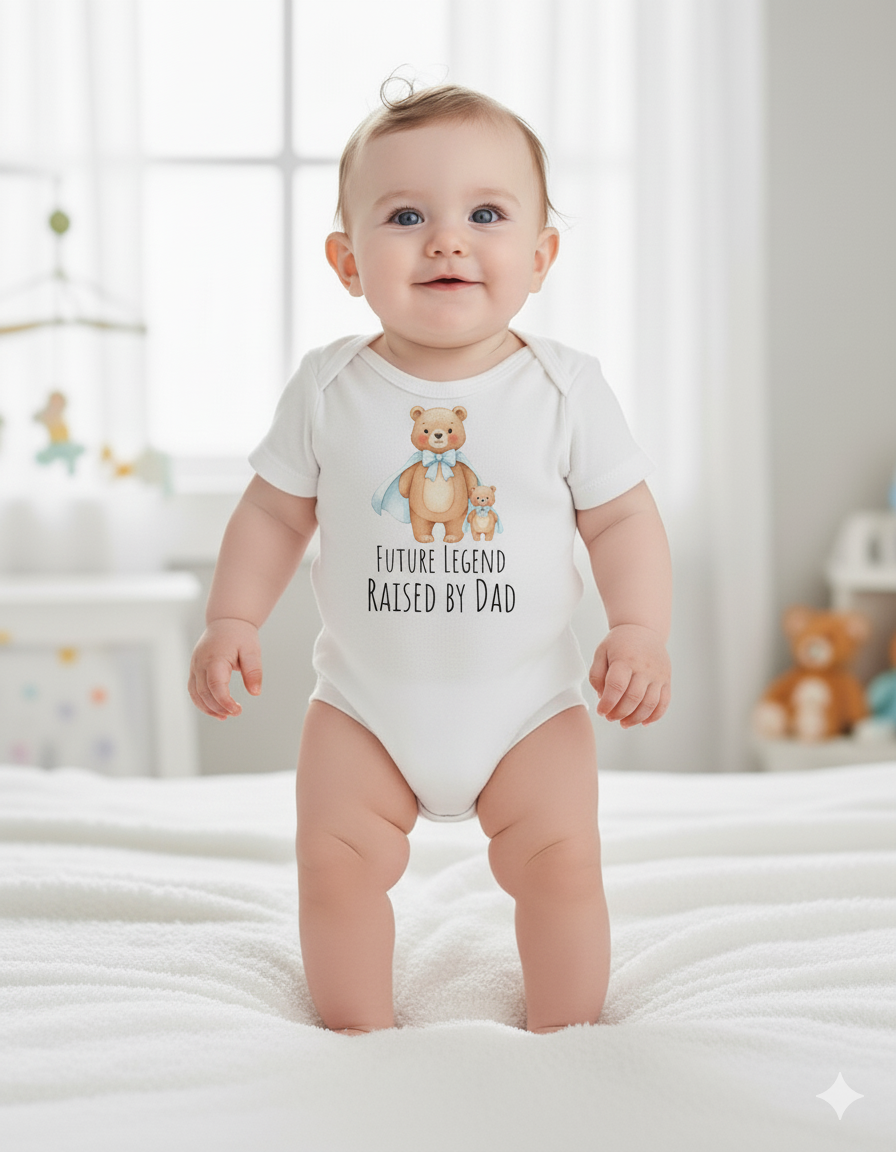 Future Legend, Raised by Dad Onesie – Funny Baby Shower Gift from Dad