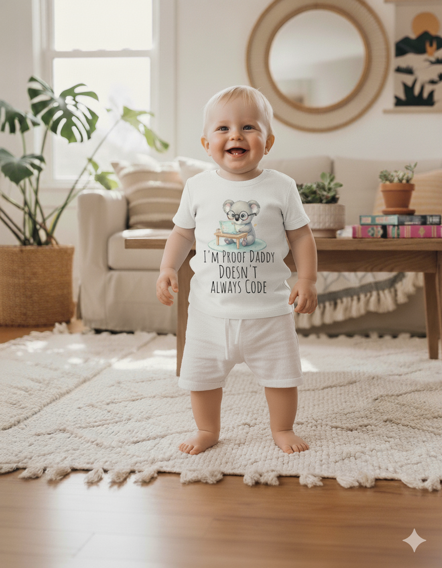 I’m Proof Daddy Doesn’t Always Code t-shirt–Funny Tech Baby Shower Gift from Dad