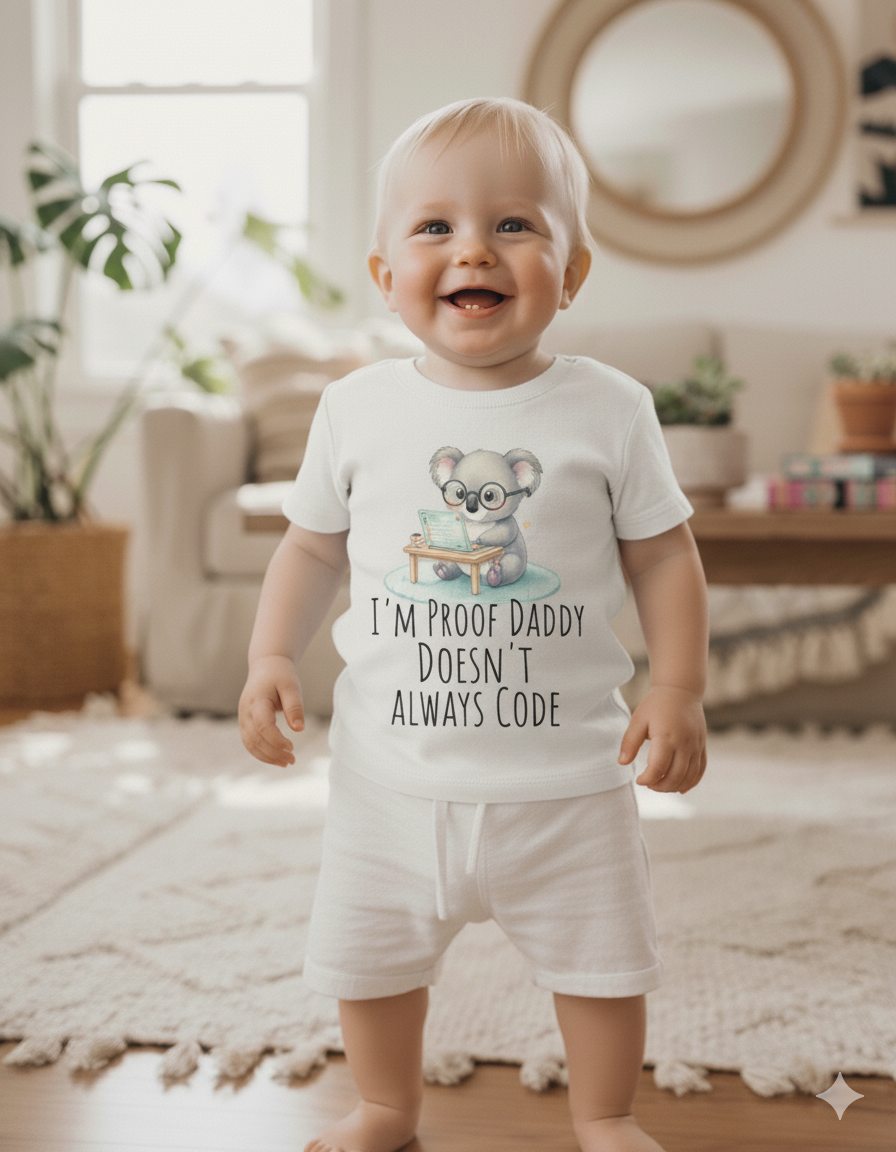 I’m Proof Daddy Doesn’t Always Code t-shirt–Funny Tech Baby Shower Gift from Dad
