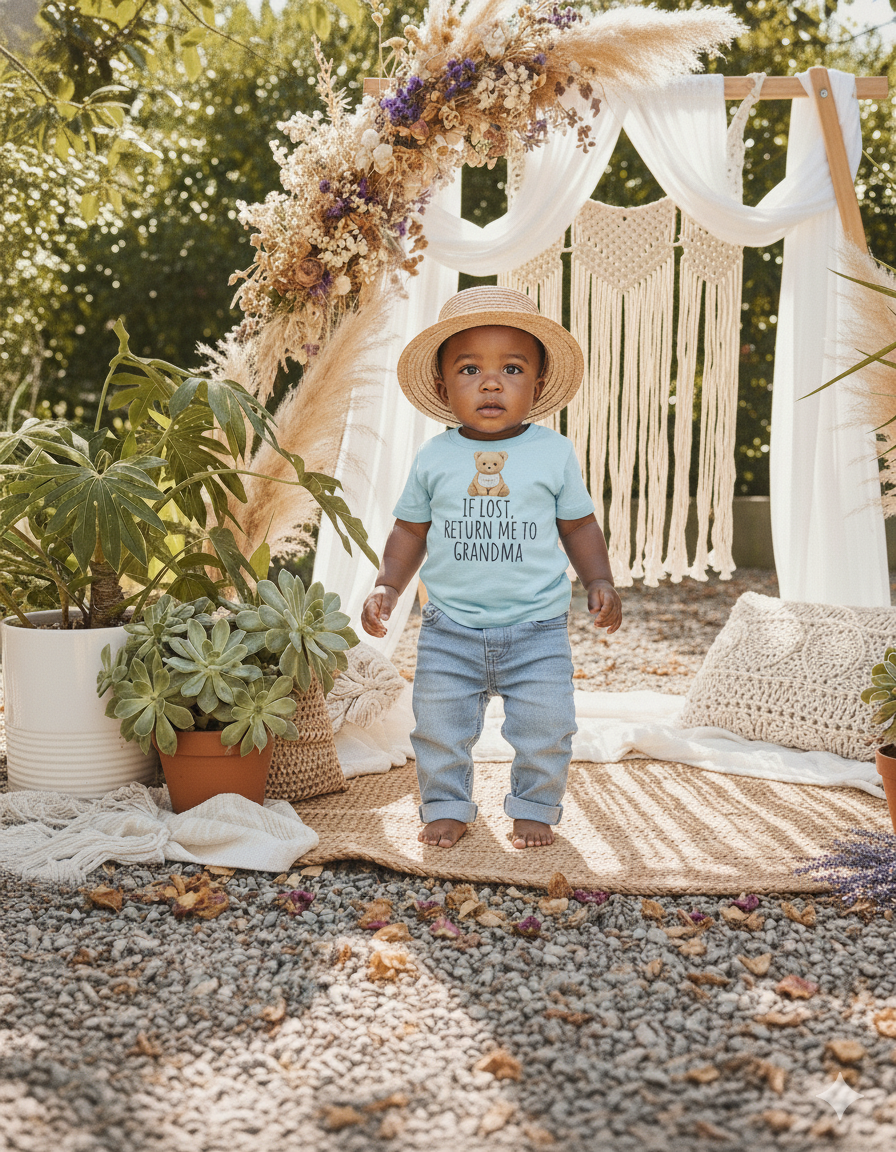 If Lost, Return Me to Grandma Baby T-Shirt | Funny Baby Shirt | Cute Grandson Outfit | Grandma Gift | Baby Shower Clothing