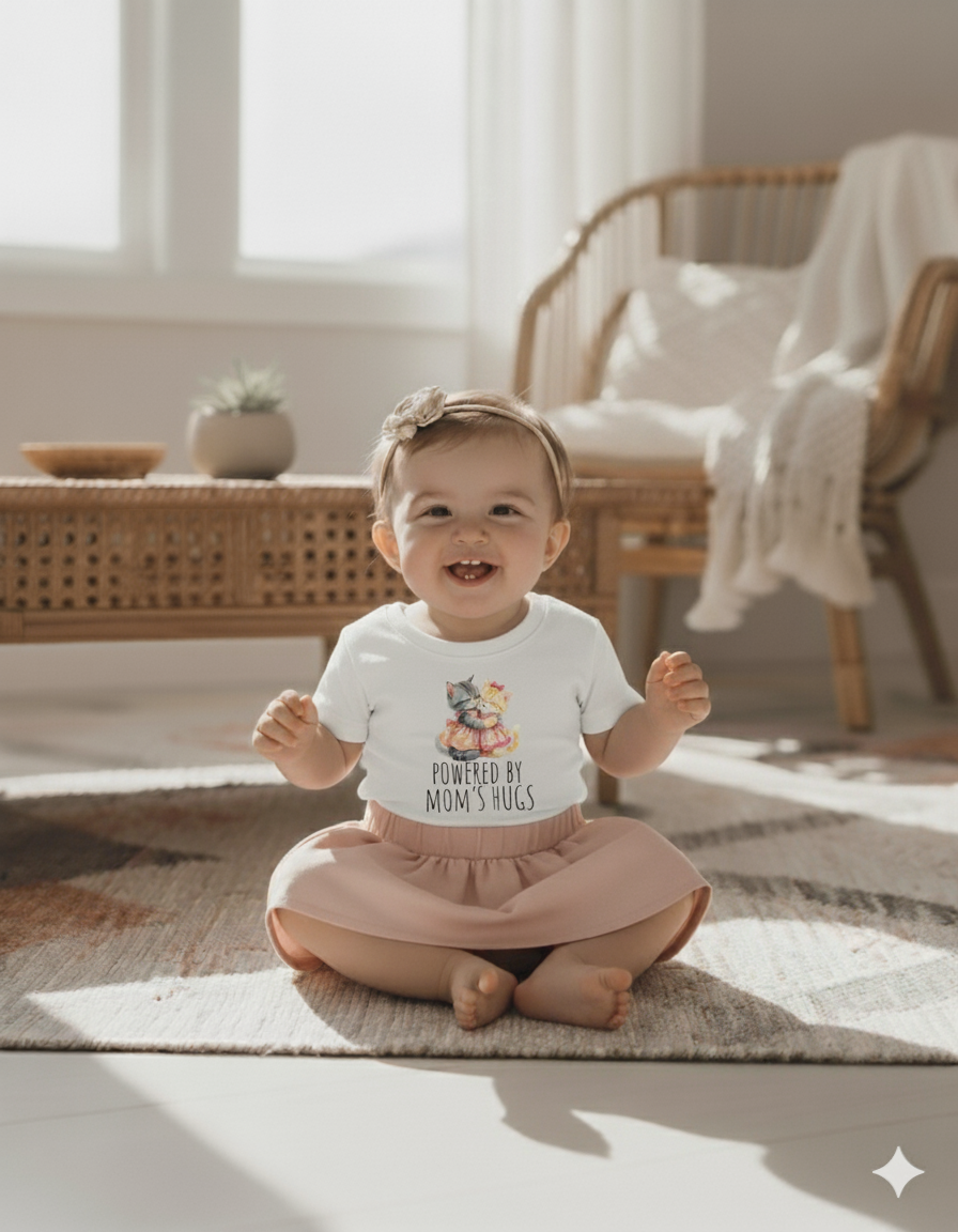 Powered by Mom’s Hugs – Cute Baby Jersey T-Shirt boy or girl baby shower gift