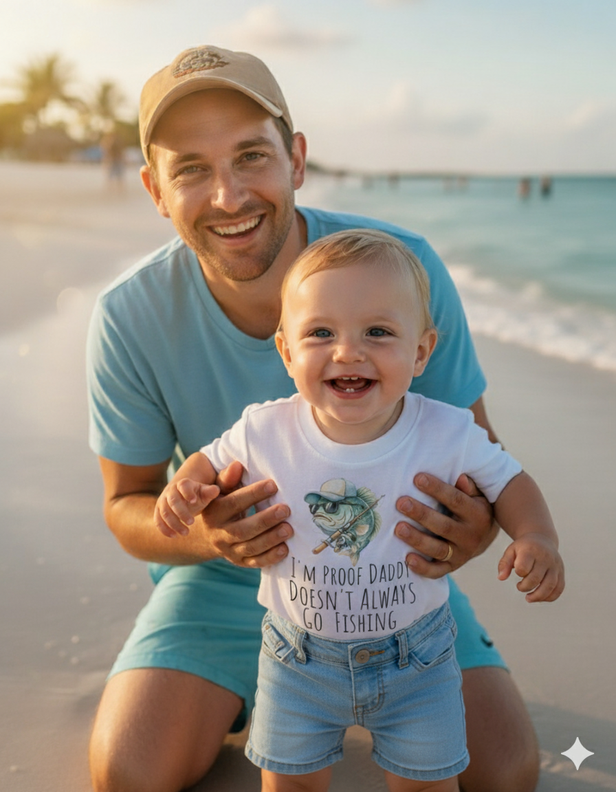 I’m Proof Daddy Doesn’t Always Go FishingT-shirt  – Funny Baby Shower Dad gift