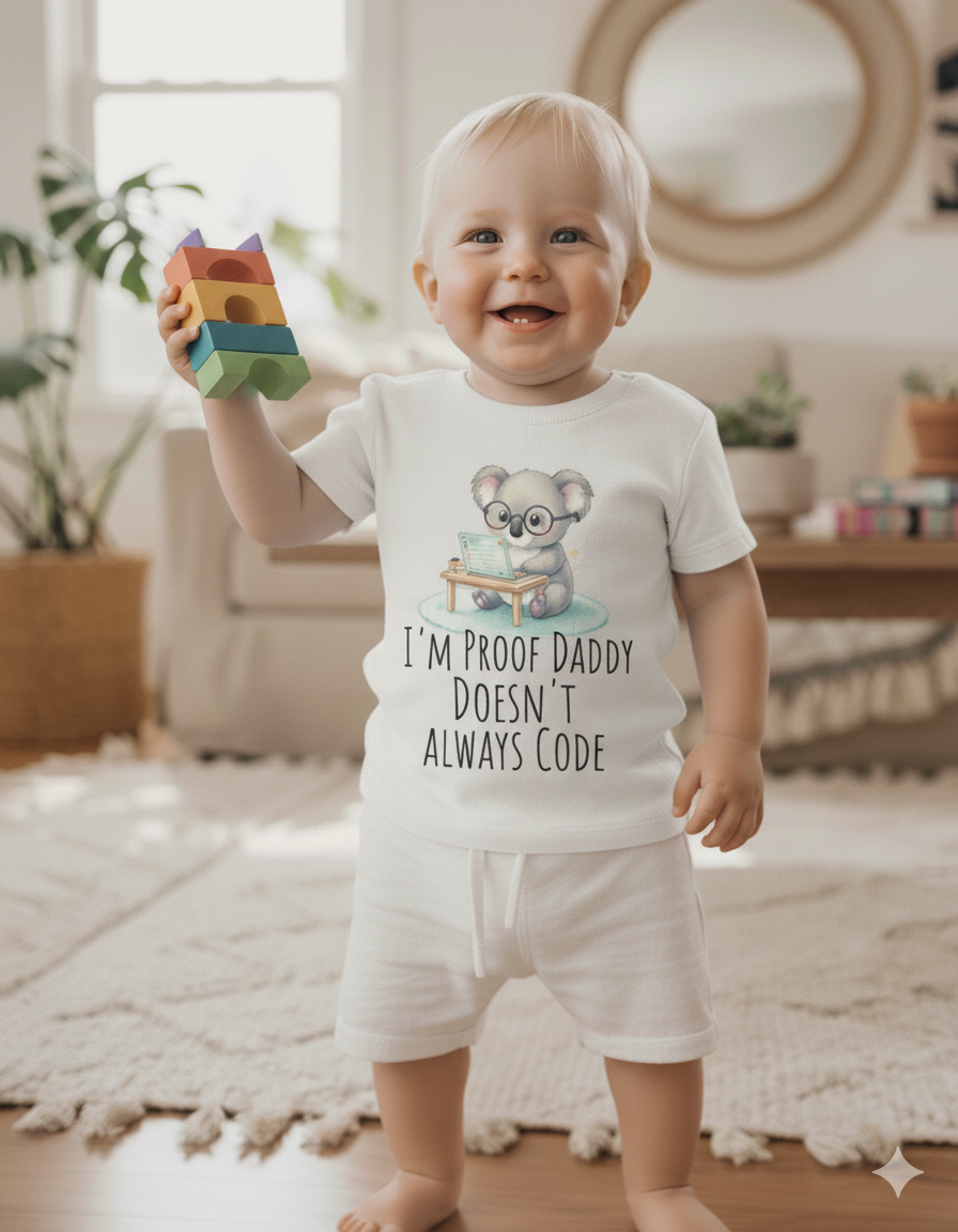 I’m Proof Daddy Doesn’t Always Code t-shirt–Funny Tech Baby Shower Gift from Dad