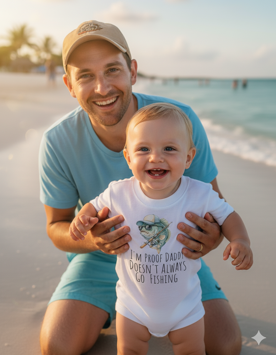I’m Proof Daddy Doesn’t Always Go FishingT-shirt  – Funny Baby Shower Dad gift