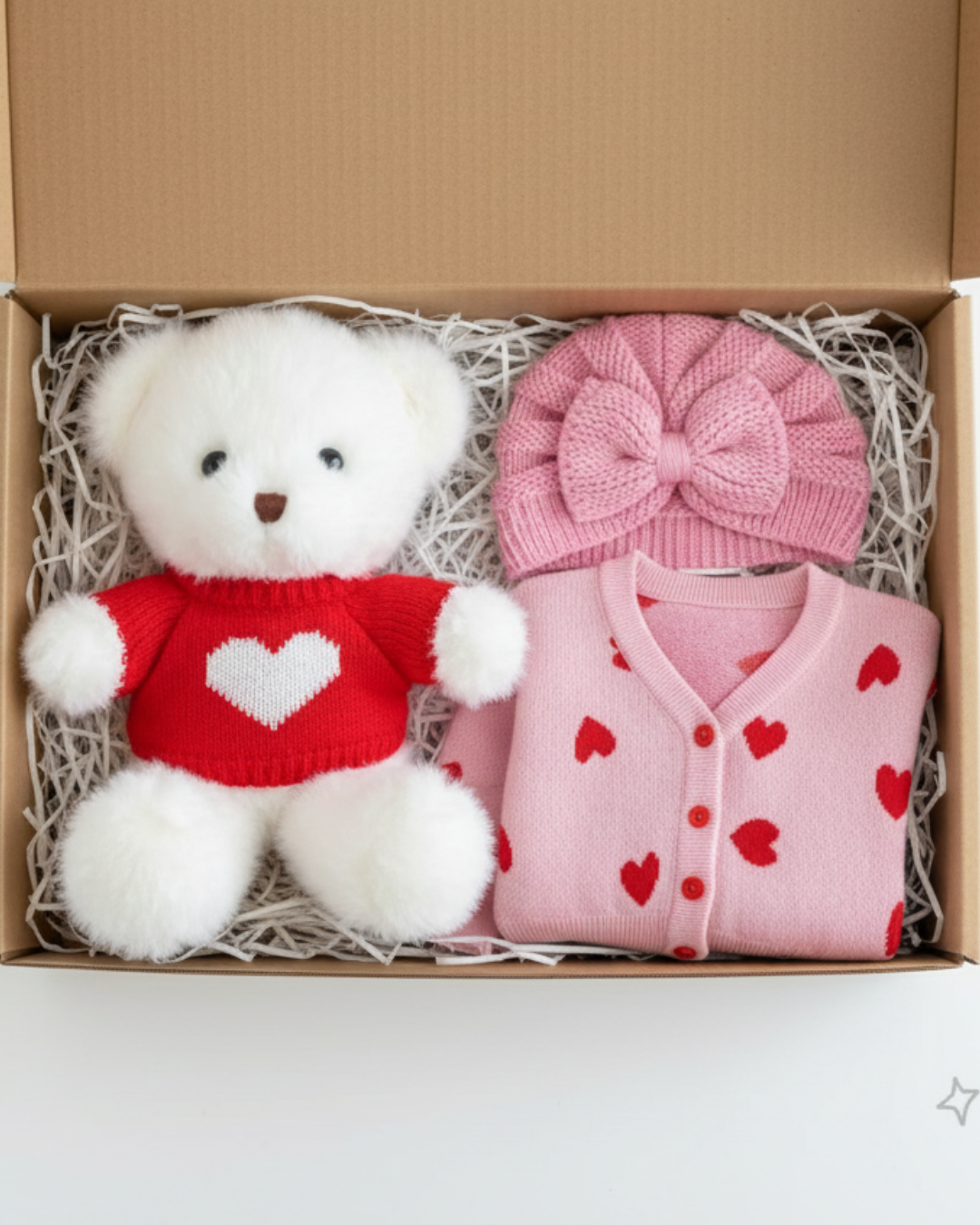 Adorable Baby Gift Set: Heart Sweater, 3 Knitted Headbands & Cuddly Bear Toy