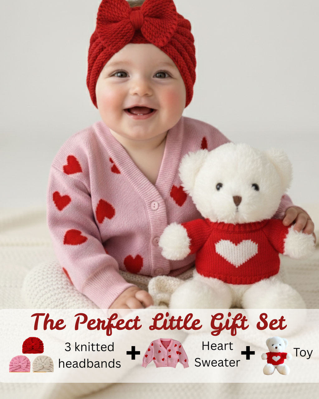 Adorable Baby Gift Set: Heart Sweater, 3 Knitted Headbands & Cuddly Bear Toy